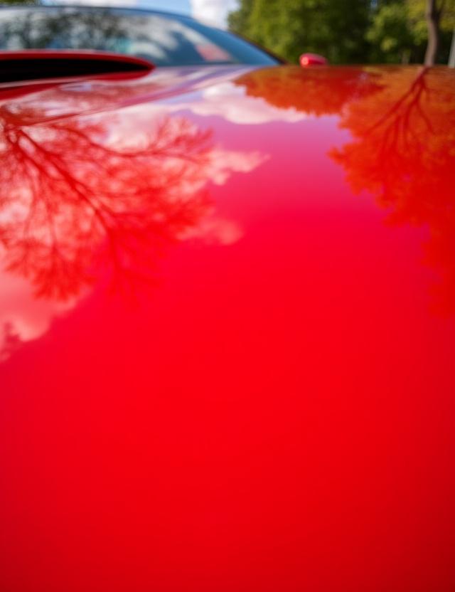 Dettaglio del cofano di una Ferrari rossa, con un riflesso nitido di alberi e cielo