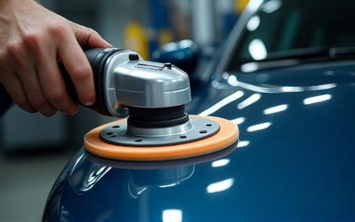 Immagine ravvicinata di un operatore che lucida la carrozzeria di un'auto con precisione