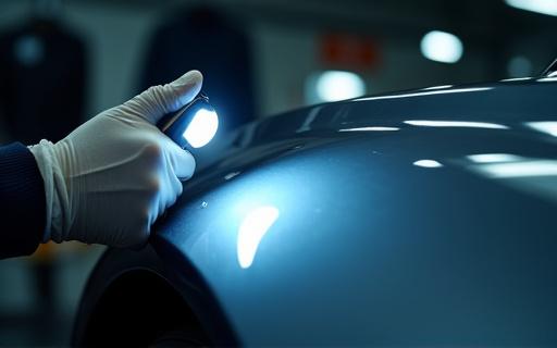 Tecnico ispeziona la vernice di un'auto con una luce speciale, alla ricerca di difetti